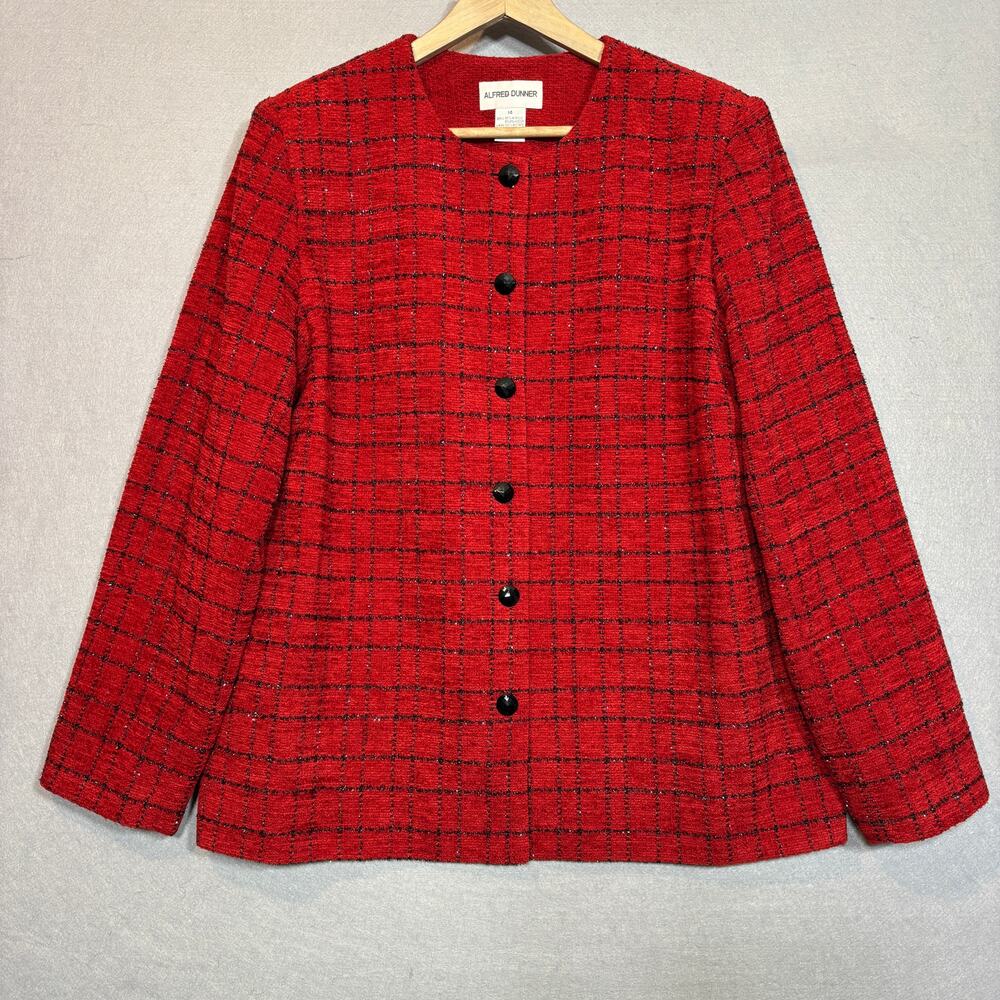 Alfred Dunner Blazer Jacket 14 Red Black Shimmer Checkered Classic Cozy Retro